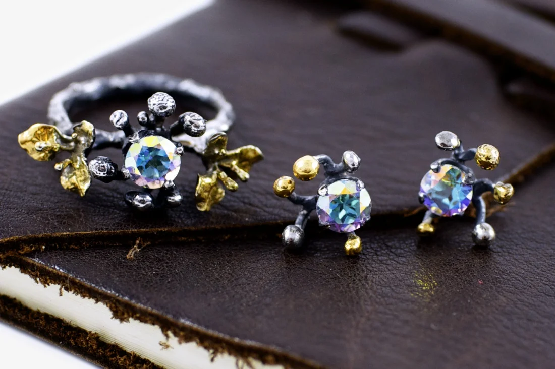 Finished Dark November Ring and Earrings // April 2014 (solid sterling silver, gold, topaz)