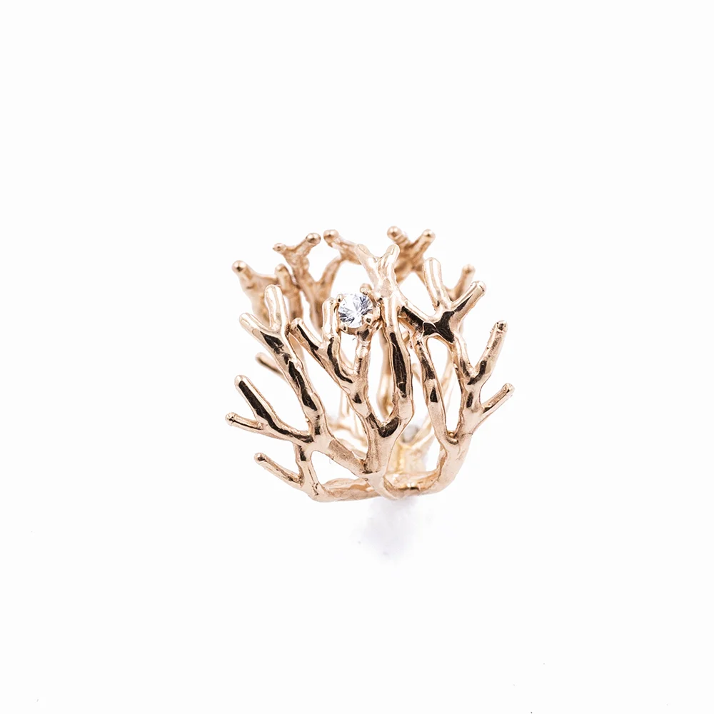 Dendrite Rings in rose gold with diamond, white sapphire, ruby, emerald and black pearl, 2015 to 2016