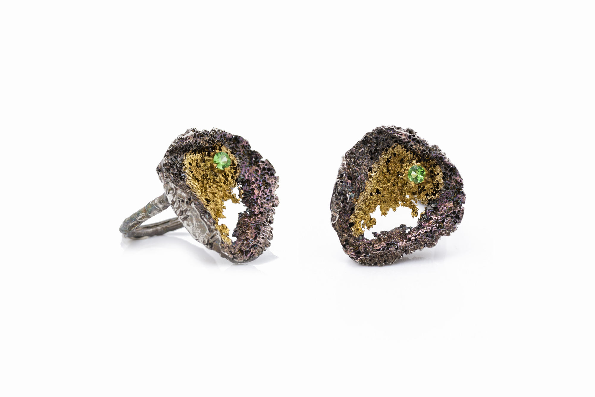 Round Inner Island Ring | Sterling silver, tsavorite, gold vermeil, patina.