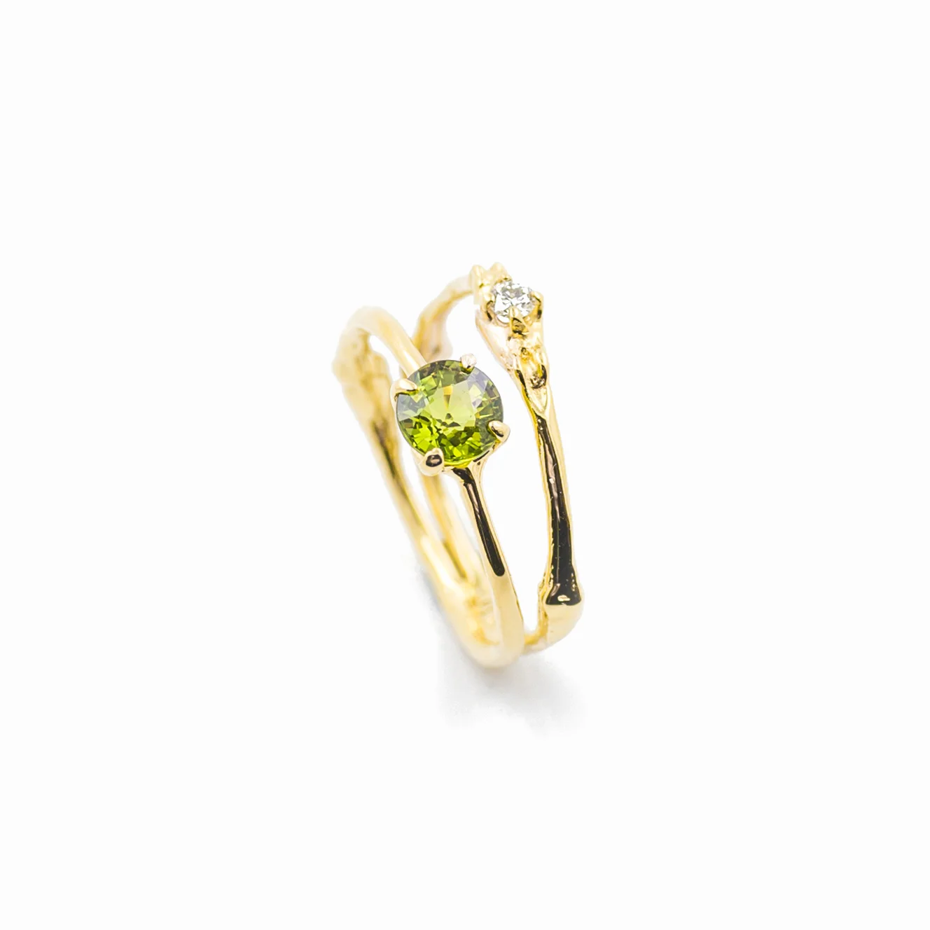 Towers Double Band : 18ct yellow gold, green sapphire, white diamond