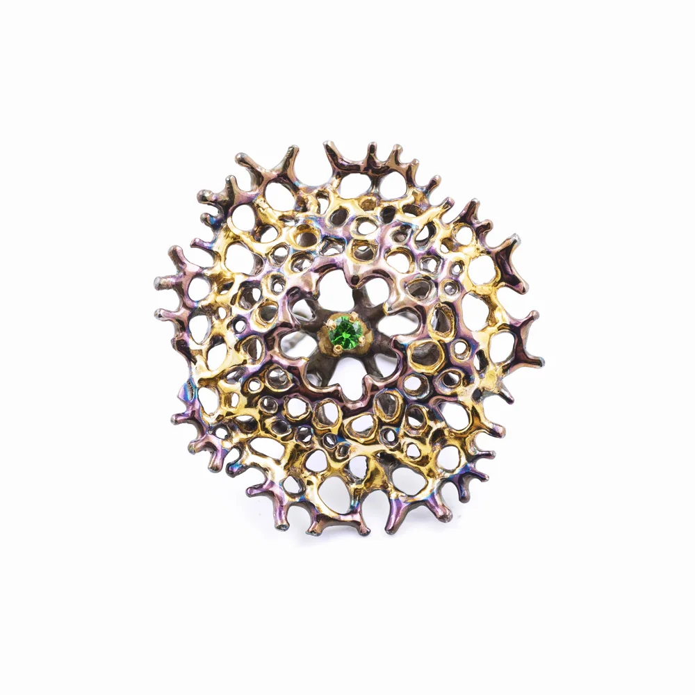 Enclosed Radial Ring : Sterling silver, tsavorite, gold vermeil, patina