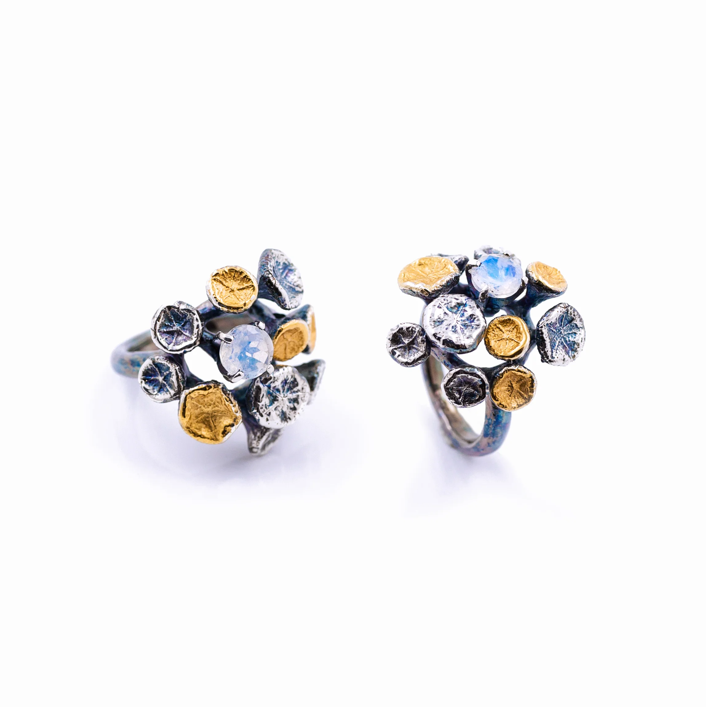 Myriad Ring : Sterling silver, moonstone, gold vermeil, patina