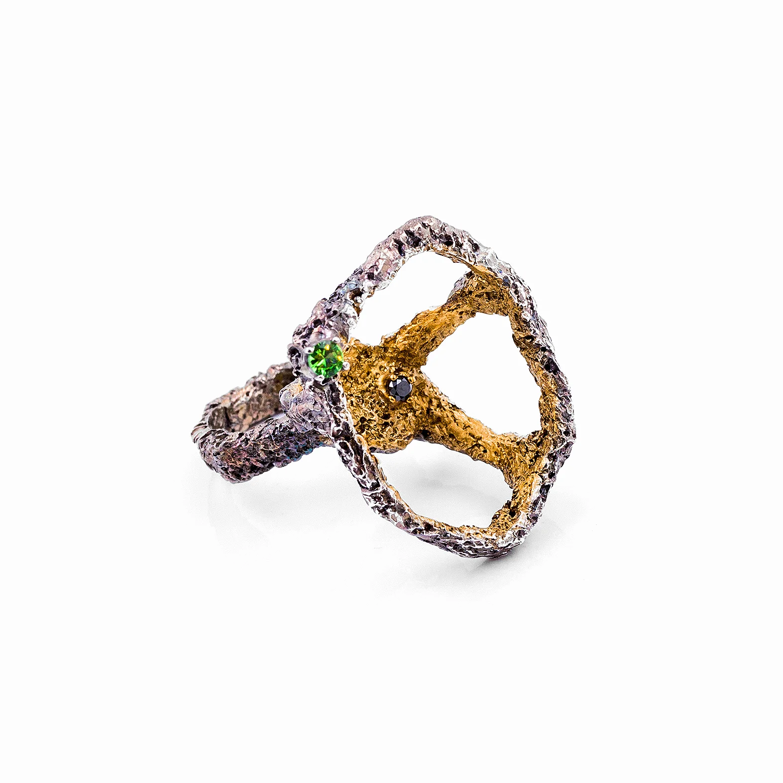 Open Island Ring | Sterling silver, tsavorite garnet, black diamond.