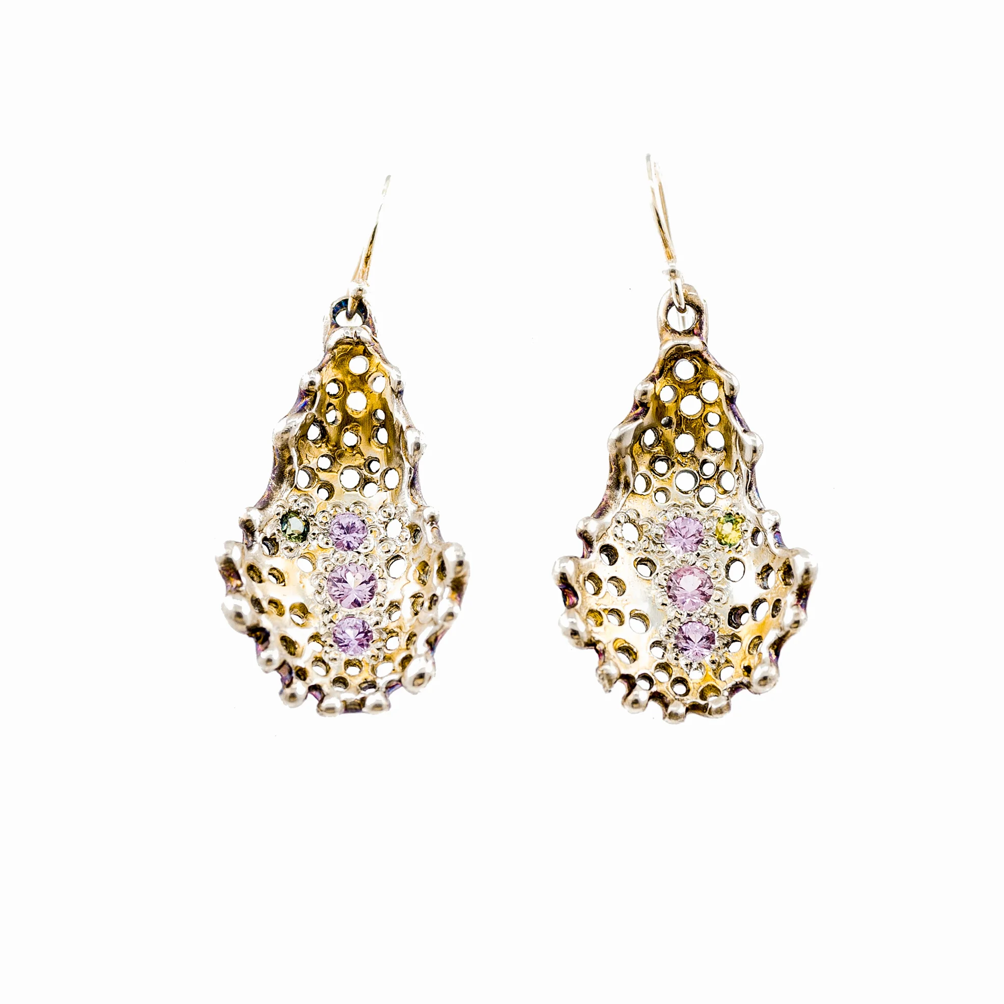 Pink sapphires and yellow-green Australian parti sapphires line the curved golden surfaces of these unique radial earrings.