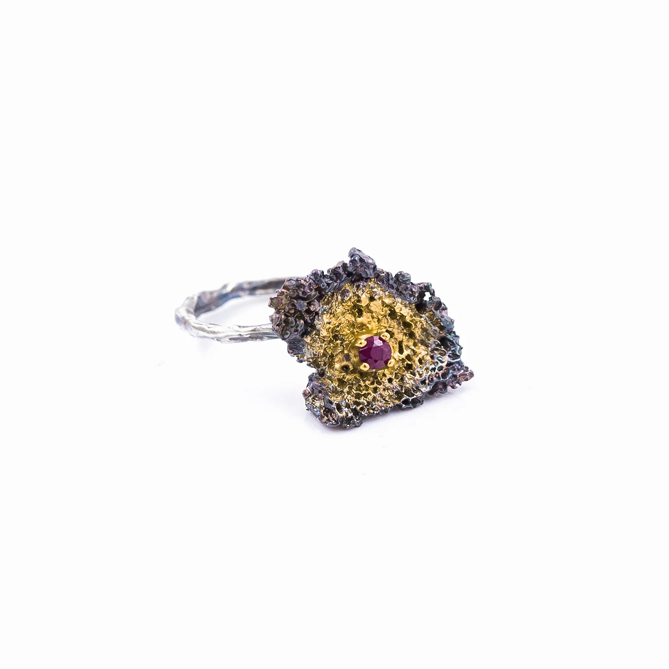 Small Inner Island Ring | Sterling silver, ruby, gold vermeil, patina. 