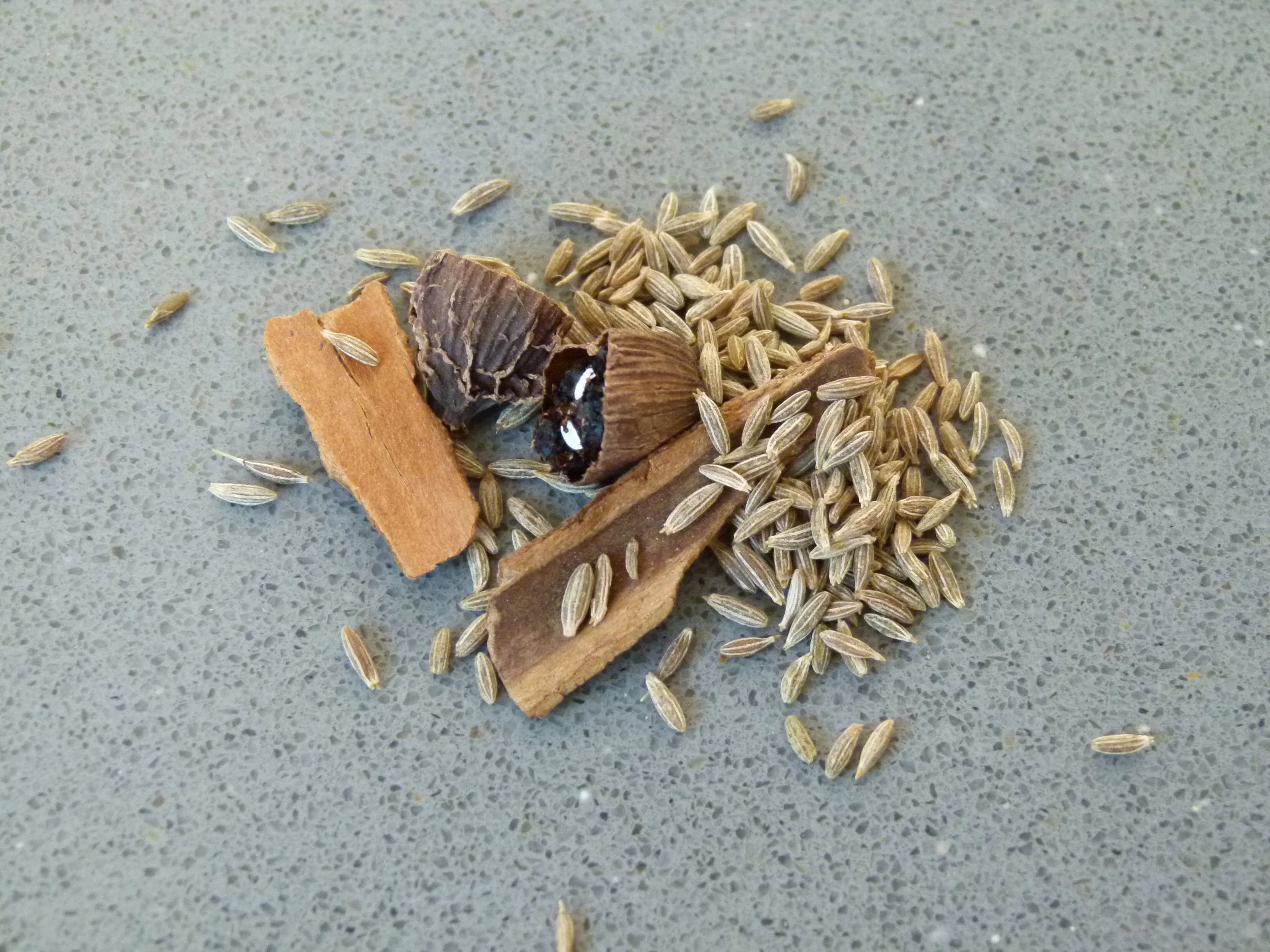 Canela, cardamomo negro y comino