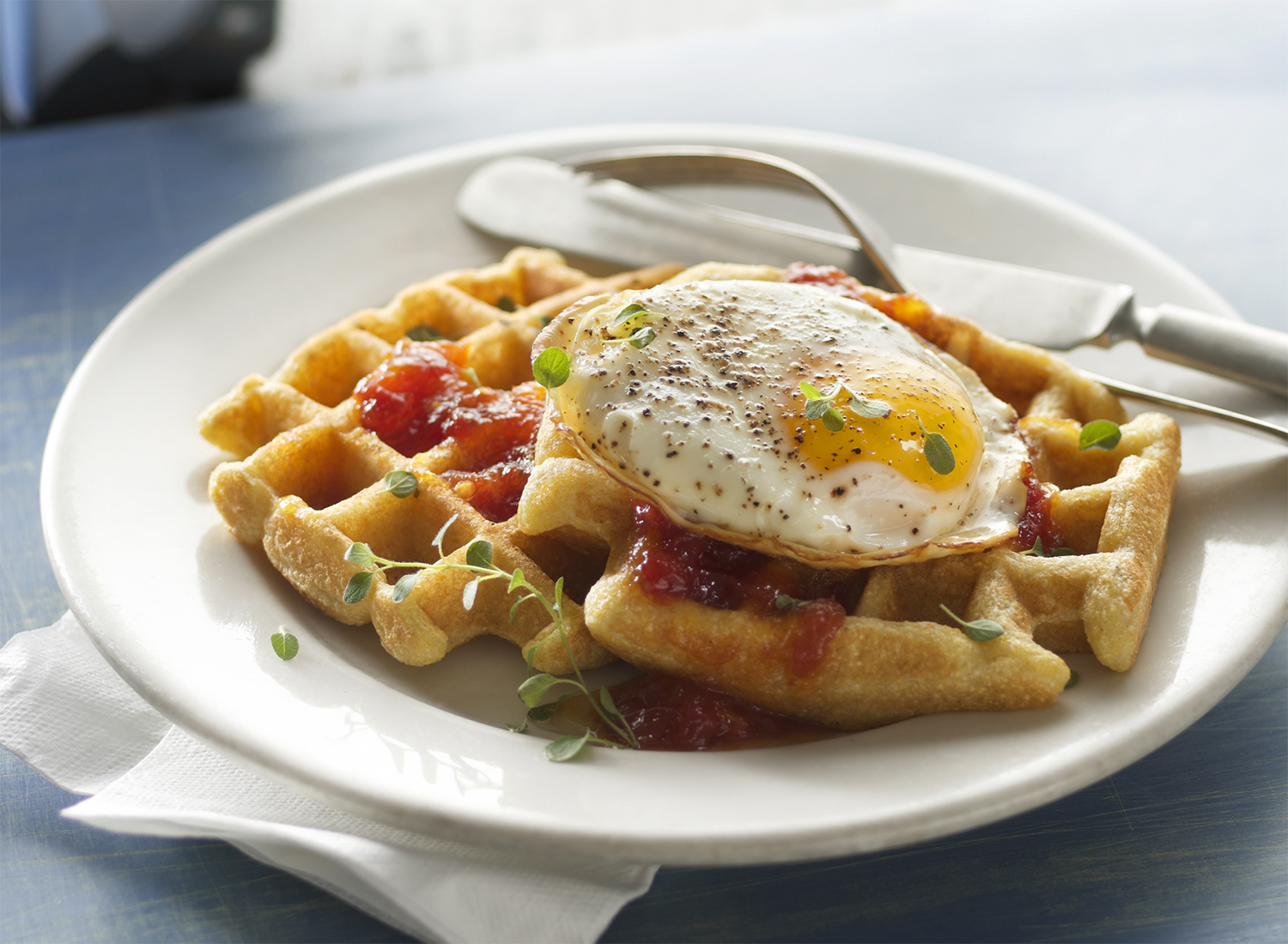 Savory Cornmeal Waffles with Tomato Jam and a Fried Egg | Tony K
