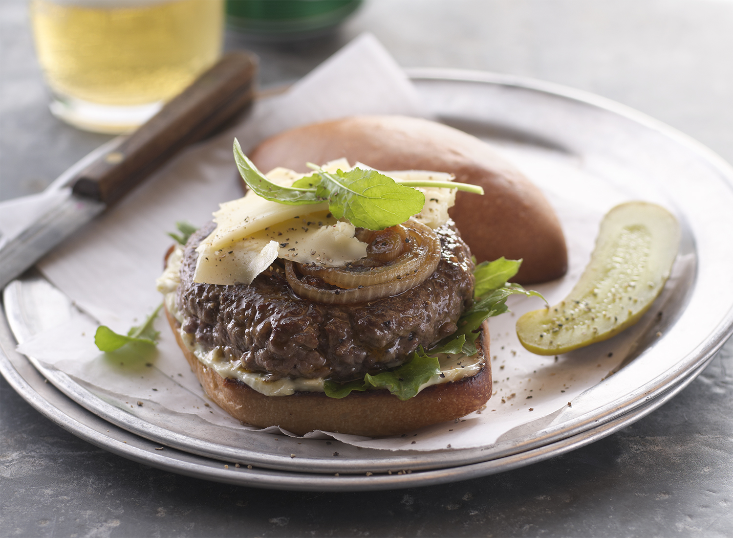 Gouda and Caramelized Onion Burger | Tony Kubat Photography