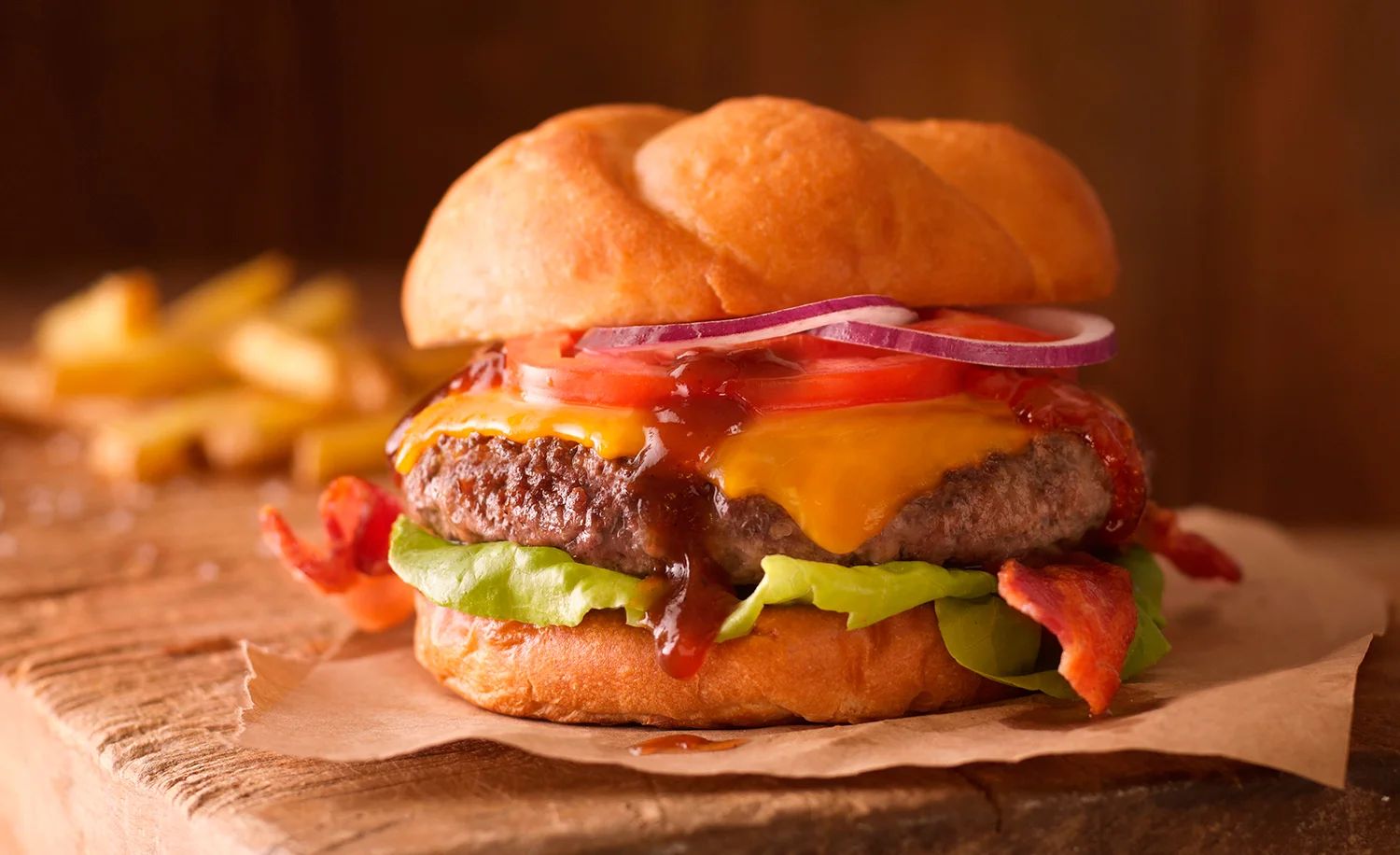 Bacon Cheese Burger With French Fries | Tony Kubat Photography
