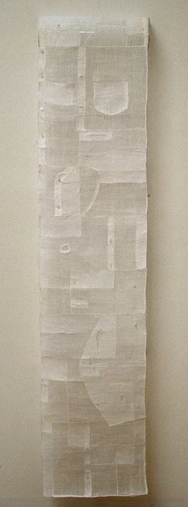 'trace' 2012 160" x 15" repurposed old ramie korean blouses, buttons, machine and hand stitching