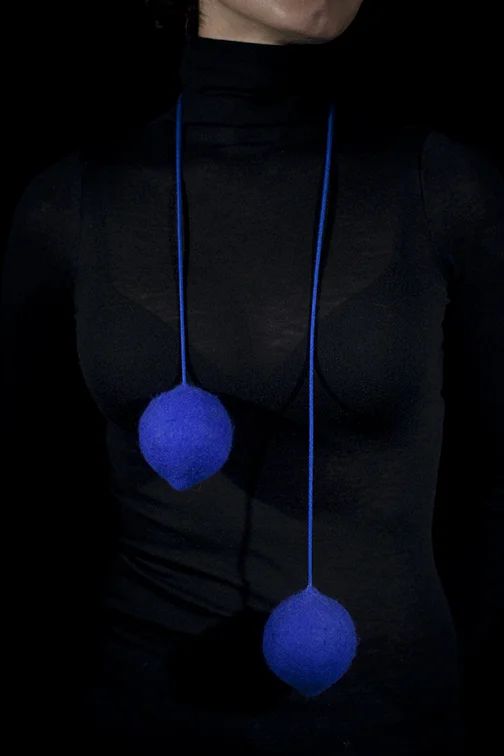 'blues' 2007 2.7" x 2.5" x 2.5" each handmade felt, fibre reactive dye, korean macrame rope, needle felting