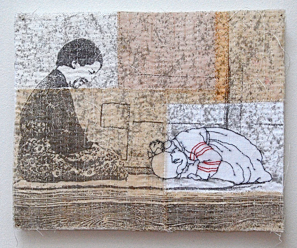 'bow' 2005 8" x 9.5" ramie, hemp, natural dyes, silkscreen printing, machine & hand Stitching