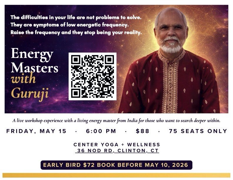 PRIVATE SESSIONS WITH GURUJI ❣️Guru Bhaneshwaranand &mdash; a living energy master from India will be at CENTER Yoga + Wellness in Clinton for a 2-hour live transmission called Energy Masters, and he will also be offering Chakra Clearings and Vedic A
