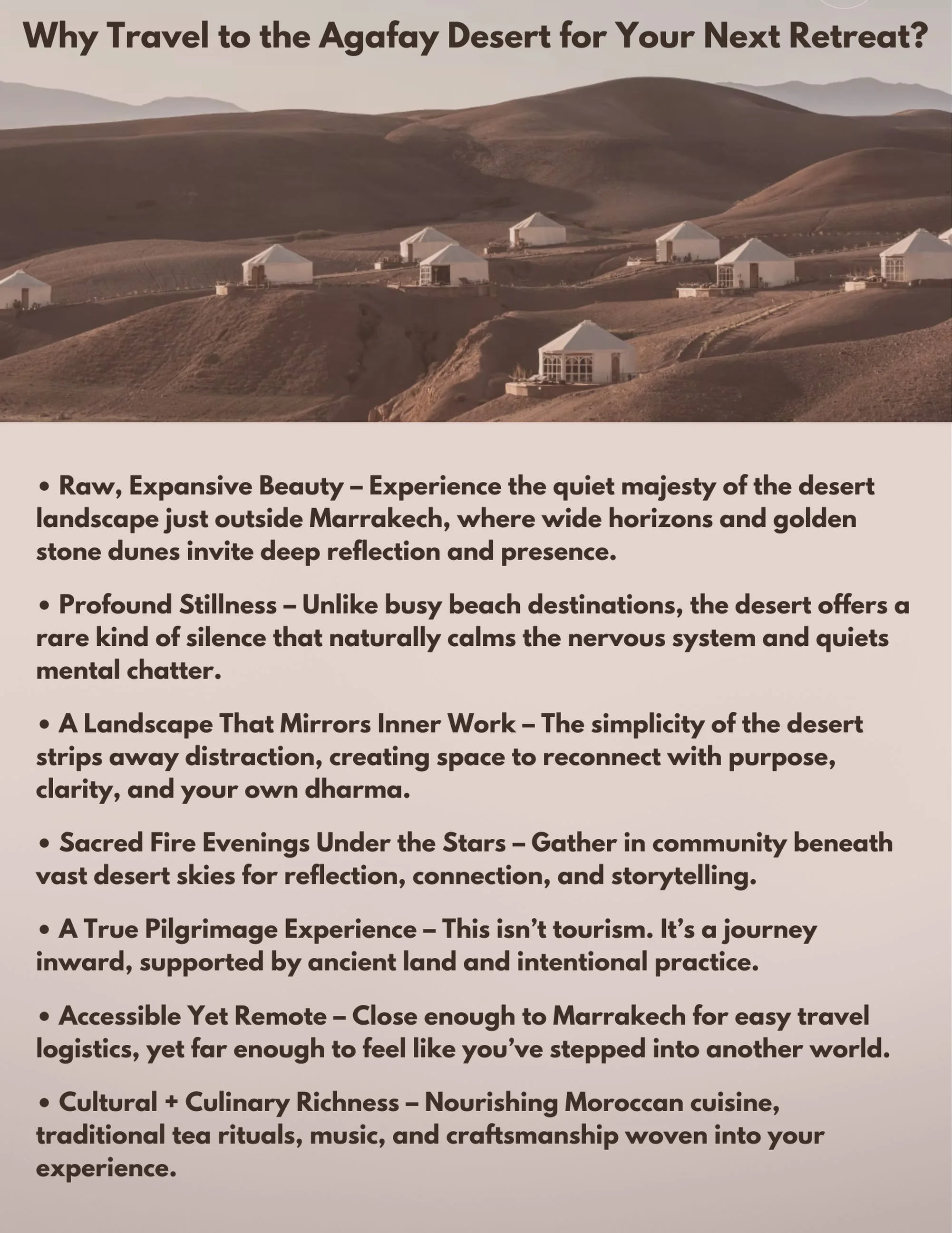 Morocco 🇲🇦 2027 - will you us? There are places in the world that naturally invite us to slow down&mdash;and then there are places that quietly transform us. The Agafay Desert is one of those rare landscapes. Vast, peaceful, and surprisingly access