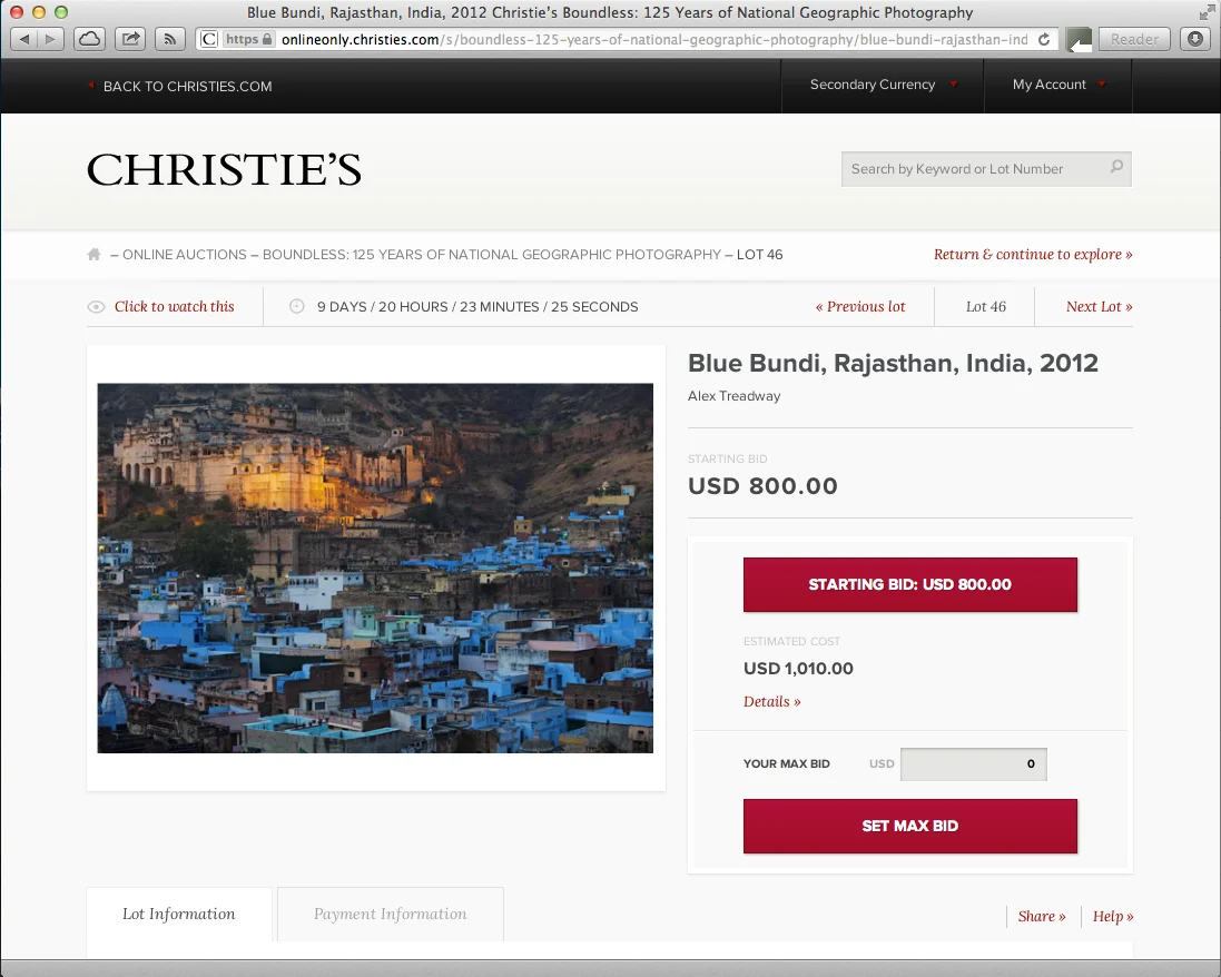  Blue Bundi print / National Geographic auction http://onlineonly.christies.com/s/boundless-125-years-of-national-geographic-photography/blue-bundi-rajasthan-india-2012-46/1297/ 