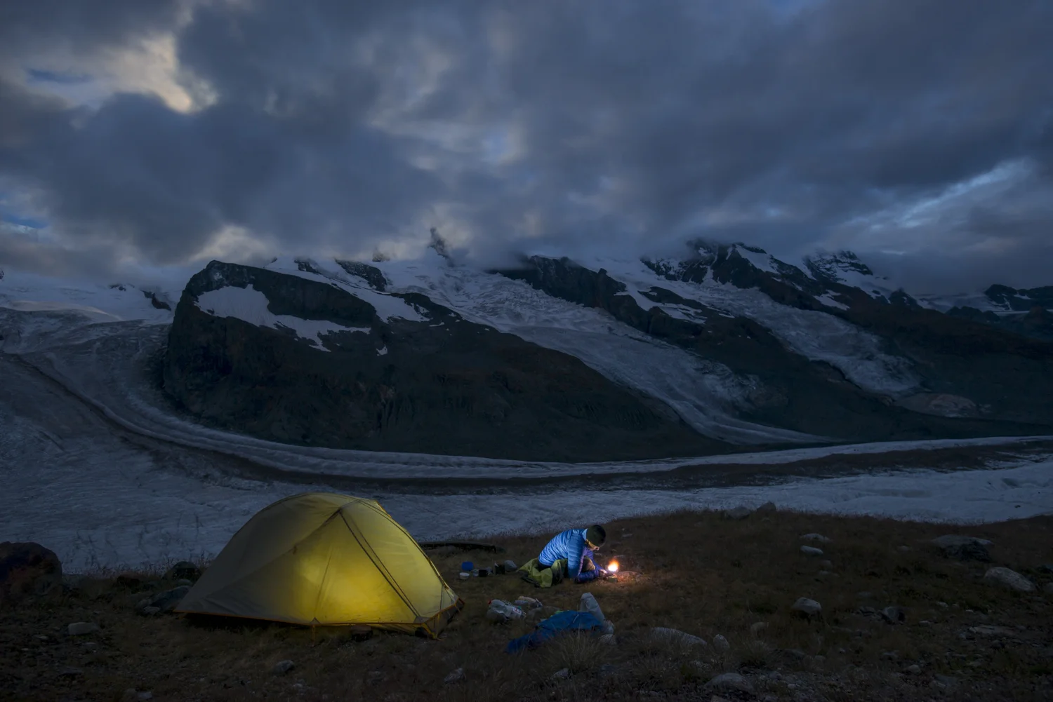 Camped beside the Gorner Glacier at the foot of Monte Rosa
