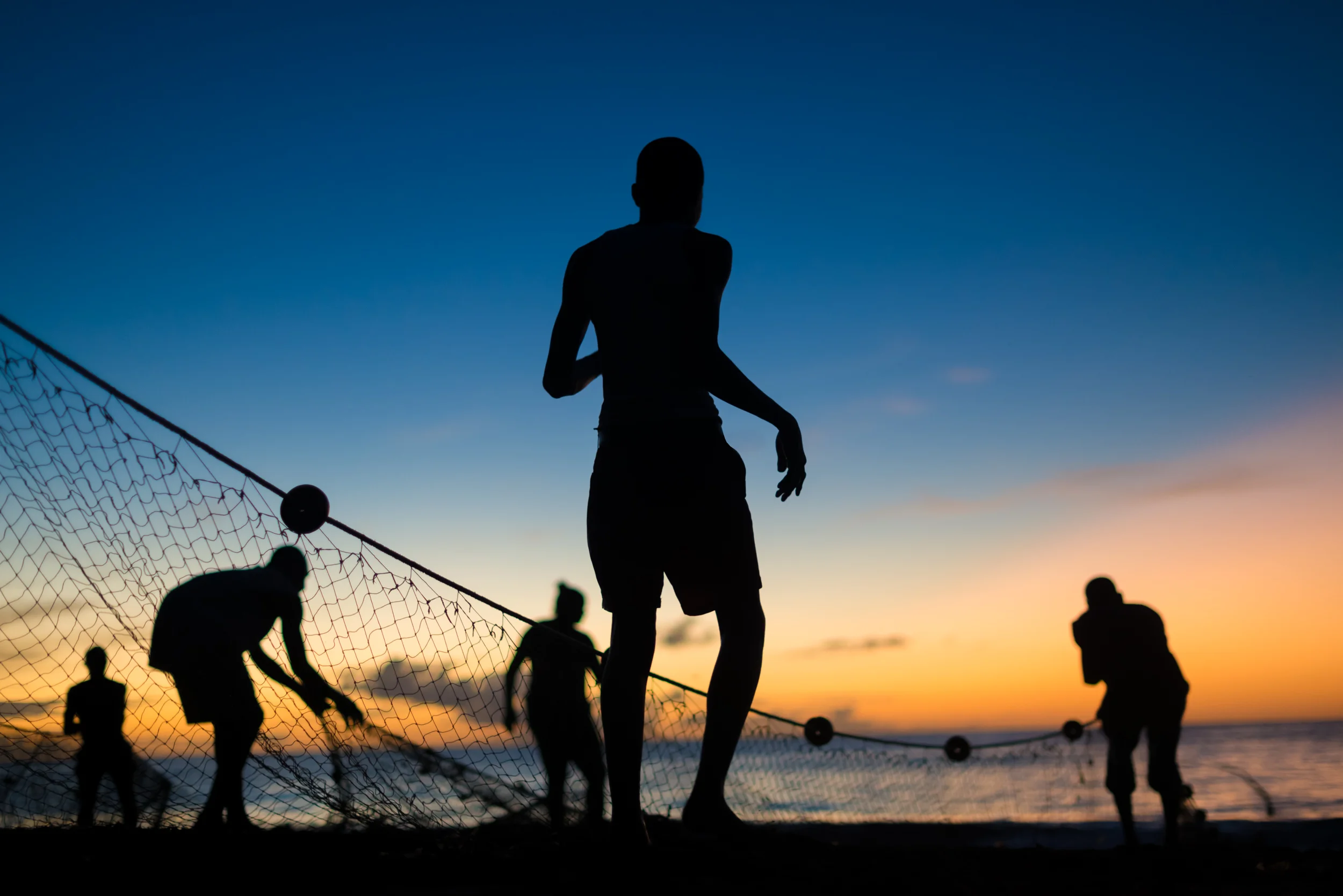 Tobago Seine net fishermen haul in a catch in Castara Bay on the Caribbean island of Tobago