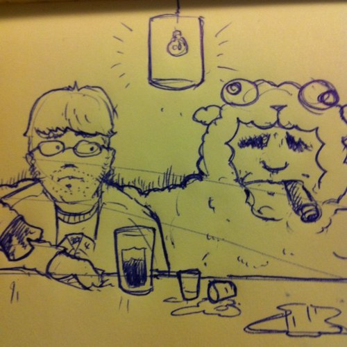 portrait of the idiot savant next to a sheep man by a talented man .