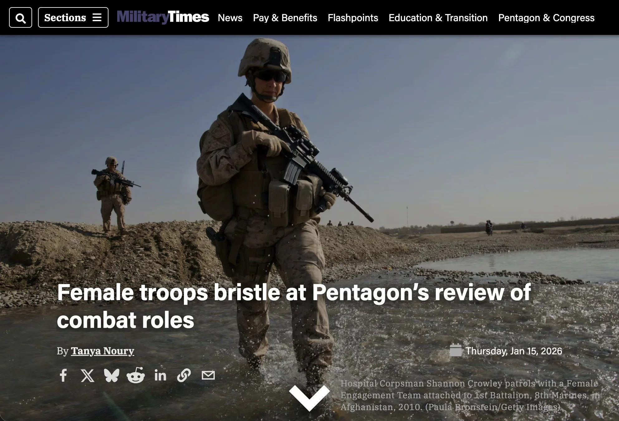 Screenshot of an article about the Pentagon's review of women in combat roles from the Military Times featuring an image of a woman in armor and carrying a weapon.