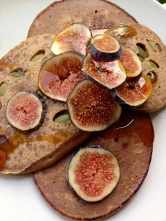 Buckwheat - Quinoa pancakes with pumpkin seeds, fresh figs, and coconut nectar. 