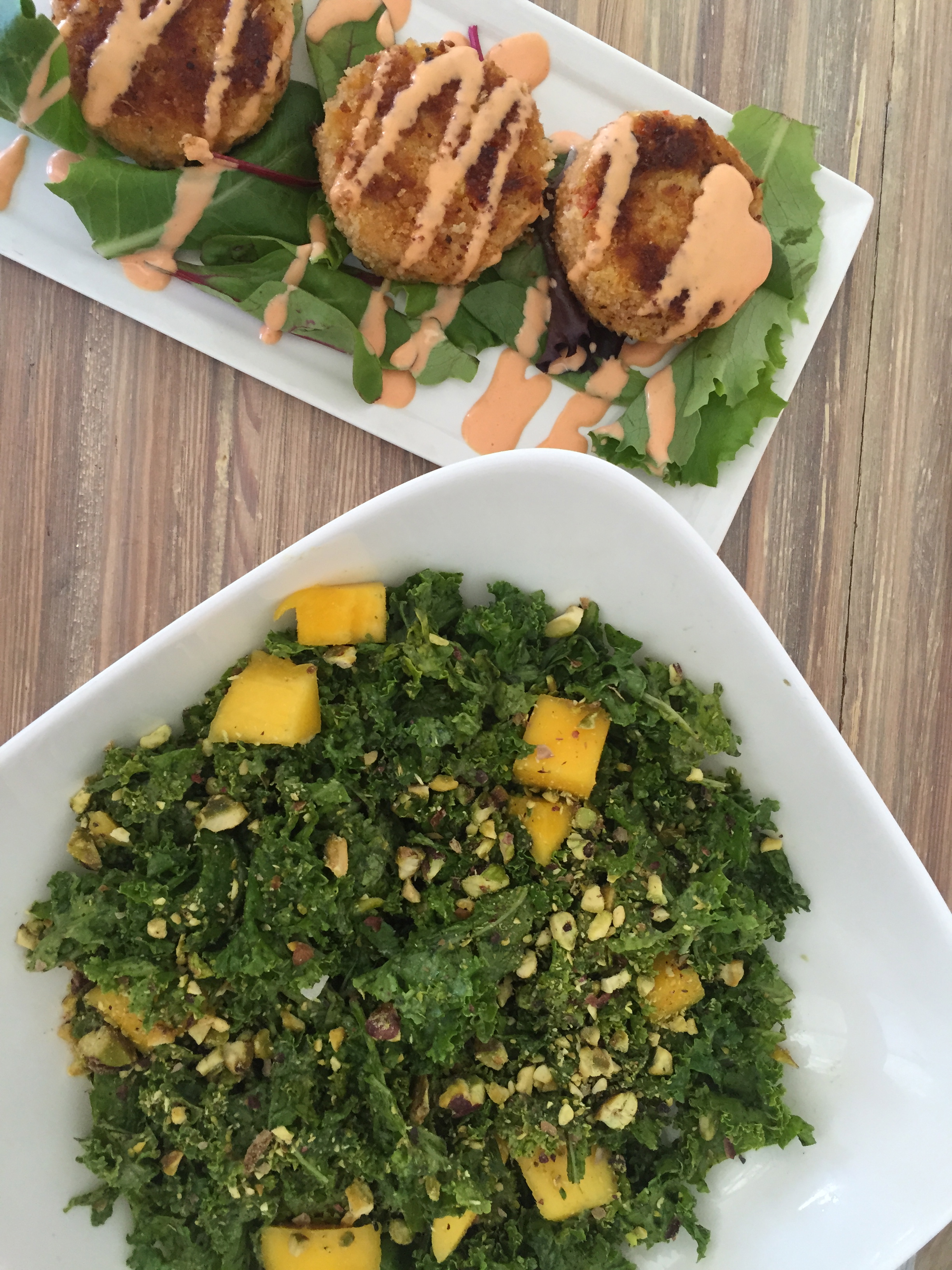 Mango + Kale salad and Artichoke Fritters from Seed
