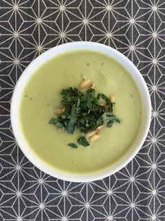 Asparagus Cauliflower Soup with Basil and Pine Nuts
