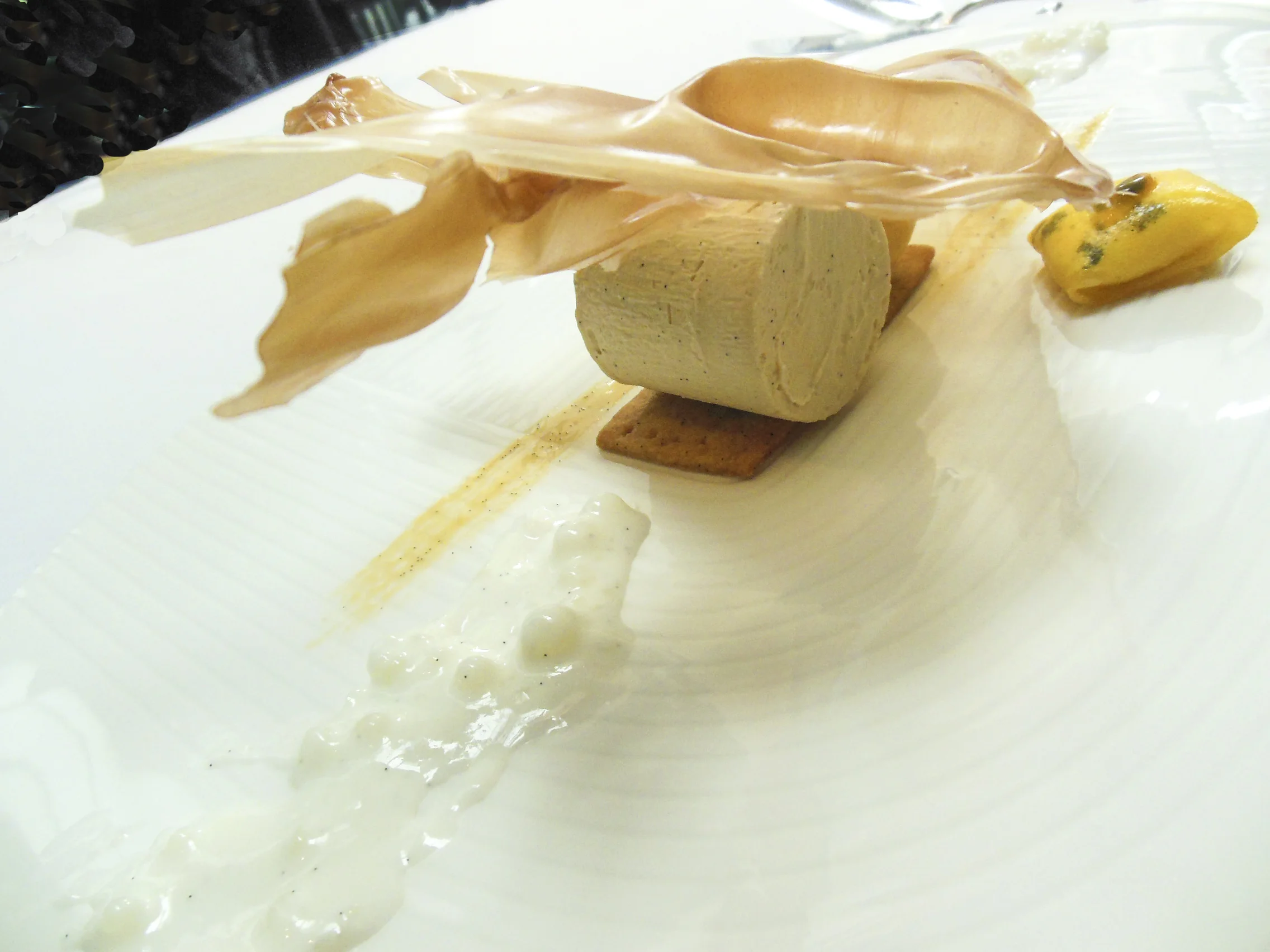 Caramel Parfait with Mango Ravioli, Coconut Tapioca and Ten Flavor Sorbet