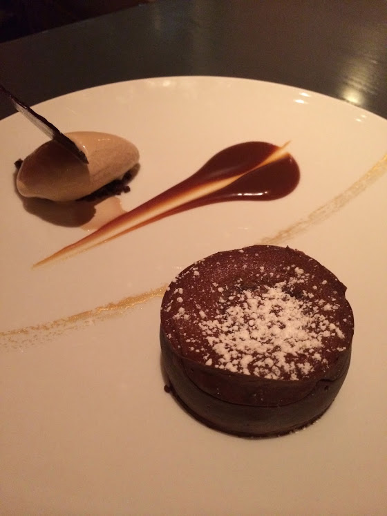 Bourbon Chocolate Fondant — Caramel Sauce, Chocolate Tuile Coffee Ice Cream