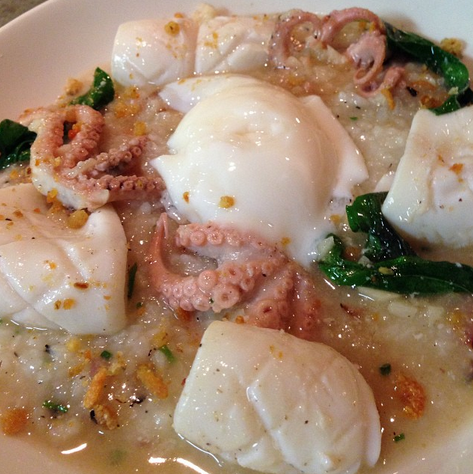 Braised Octopus & Calamari Congee with Thai Basil and Fried Dried Shrimp, Kin Shop | Credit: Instagram, harolddieterle