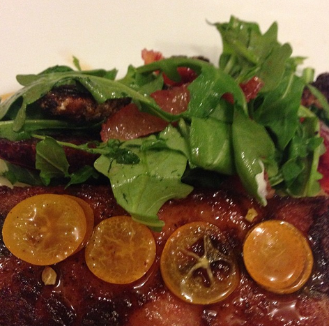 Suckling Pig Saltimbocca with Parsley Root Purée, Pecan Praline & Kumquat Gastrique, The Marrow | Credit: Instagram, harolddieterle
