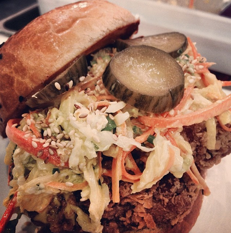 Thai Style Fried Chicken Sandwich with Napa Cabbage Slaw and Nam Prik Ong, Kin Shop | Credit: Instagram, chefevy
