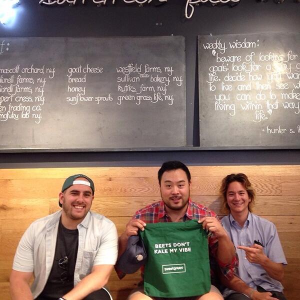 Sweetgreen's Nic Jammet (far left) and Nathaniel Ru (far right) with David Chang | Credit: Twitter