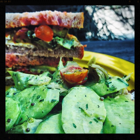 Great Bombay Street Sandwich: Cucumber, Tomatoes, Artichokes, Eggplant, and Goat Cheese tossed in Turmeric Yogurt | Credit: Instagram, baragricole