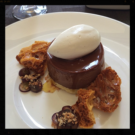 Salted Dark Chocolate Bonet, Almond Cake, Golden Caramel Grapes, Honeycomb, Vanilla Cream, Perbacco | Instagram