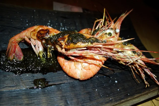 Wild Spot Prawns with buttermilk, grilled black kale pesto | Foodable Network