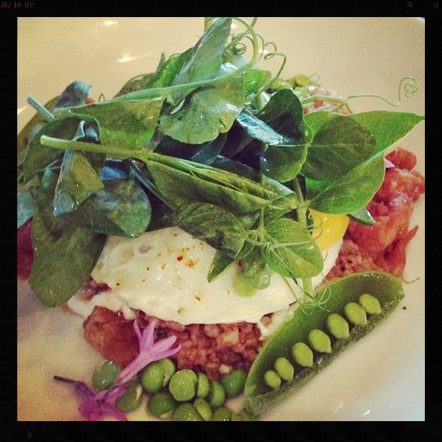 Fried Chicken Oatmeal, Sunny Side-Up Egg, Peas, Lemon at Ink | Instagram, rachelloveschicken