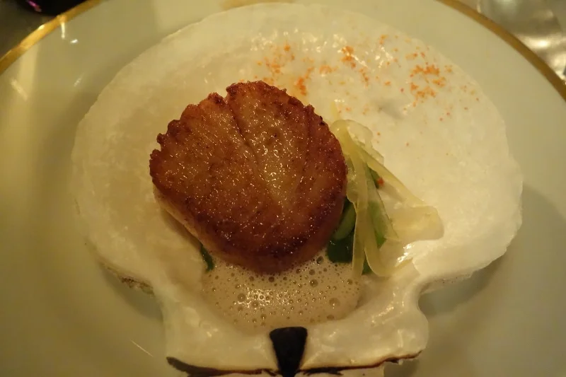 Scallop with wild garlic, watermelon rind, and roe at Maude | FOODABLE WEBTV NETWORK