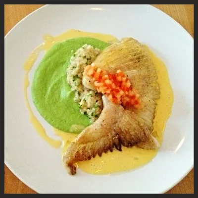 Skate Wing with quinoa and English pea purée at Aviary | YELP, Elyse L. 