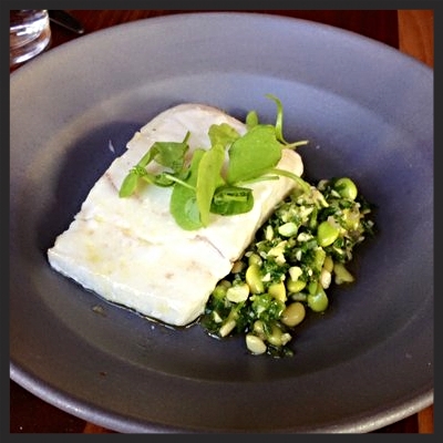 Slow baked halibut with sea beans and soy beans at flour + water | YELP, Truc D. 