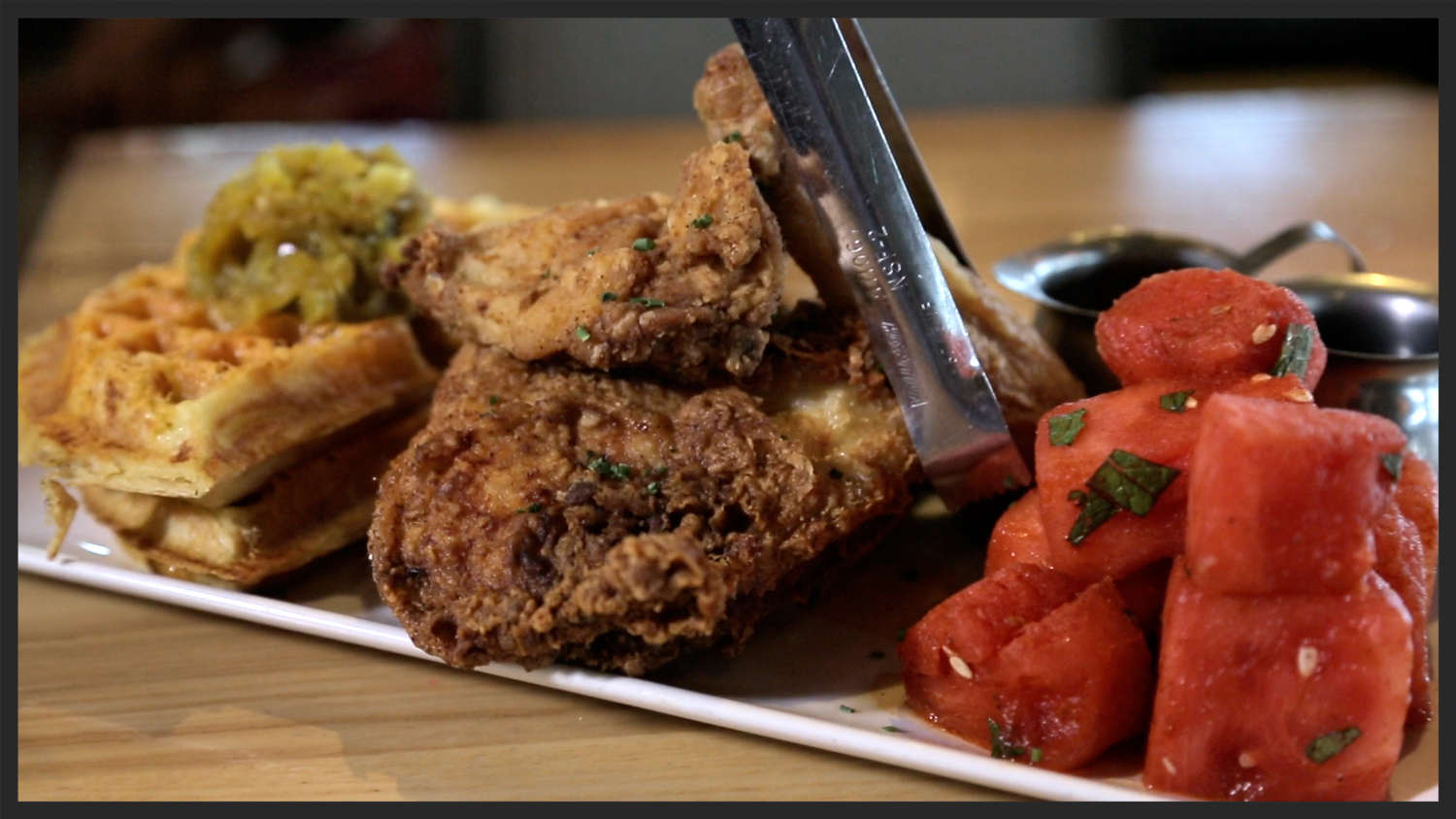 Fried chicken, Waffles, and Watermelon at Yardbird | Foodable WebTV Network 