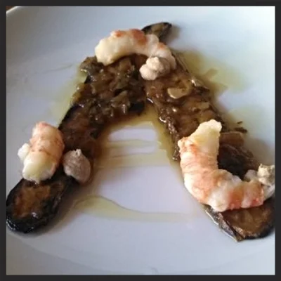Zucchini in carpione w salt grilled spot prawn and braised pine nut sauce at Cascina Spinasse | YELP, Capt K.