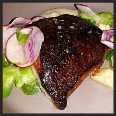 Seared cod with parsnip, brussels sprout, beet & brown butter vinaigrette at flour + water | YELP, Elena N.