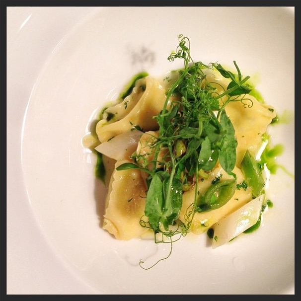Smoked Boursin Agnolotti, White Asparagus, Sugar Snap Peas, Fiddlehead Ferns | Instagram, Marc Forgione