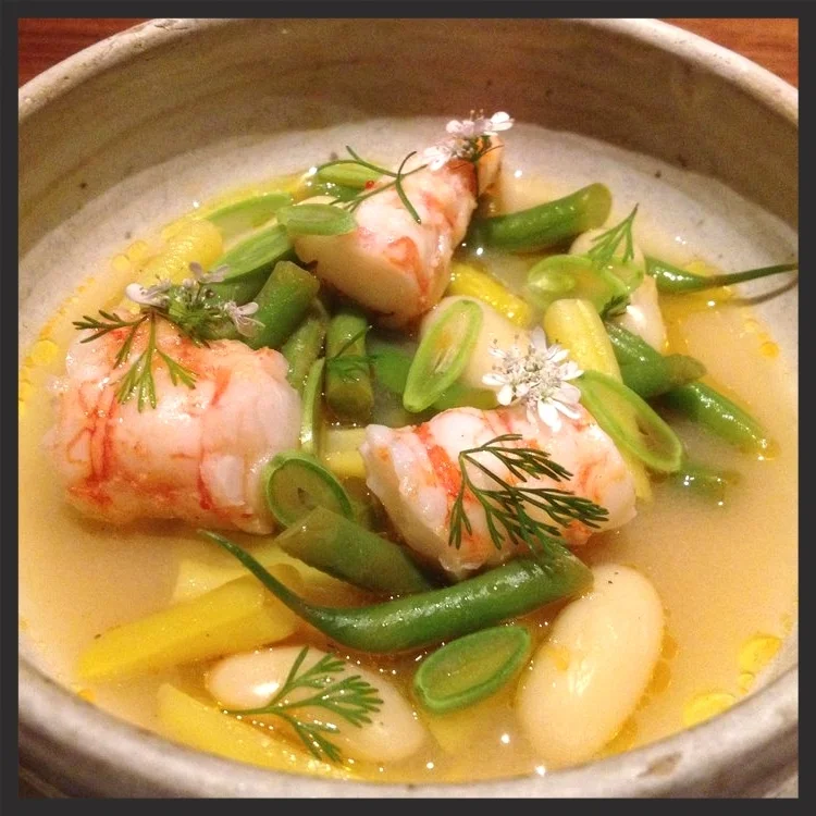 Spot prawn with pole beans, flowering cilantro, lemon flavors at Coi | Yelp, Al L.