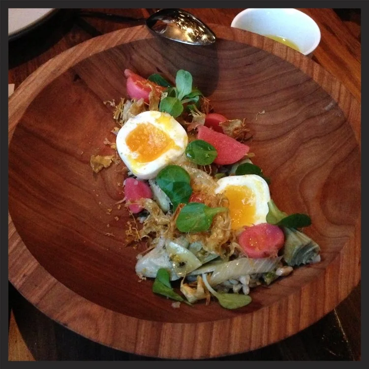 Soft cooked hen egg with artichoke, cardoon, farro, preserved lemon & bottarga at flour + water | Yelp, Timothy C.