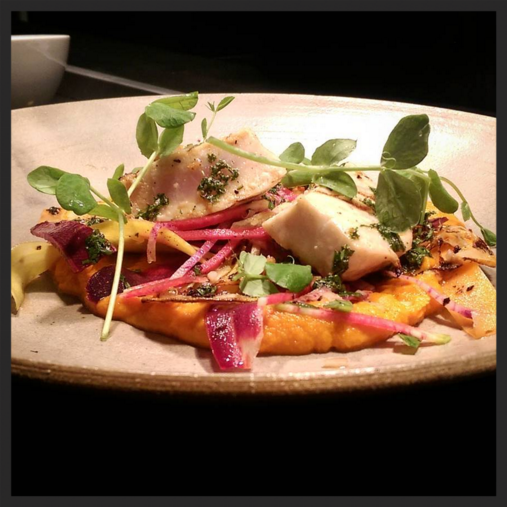 Grilled kajiki marlin with carrot puree, veggies, and Meyer lemon at Selden Standard | Instagram, @seldenstandard