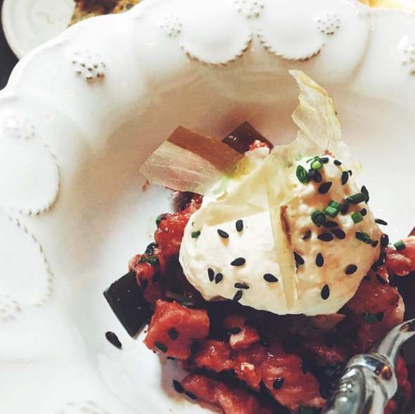 New York steak tartare with miso cream and black sesame at Faith & Flower | Instagram @faithandflower