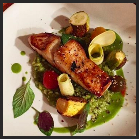 Roasted Market Fish, pine nut dashi, farro verde, kale furikake, matcha at Vagabond | Instagram @vagabondrestaurant