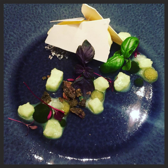 Ganache d'olives vertes & chocolat blanc, basilic givre, and citron vert at Club Gascon | Credit: Instagram @samthefoodfan