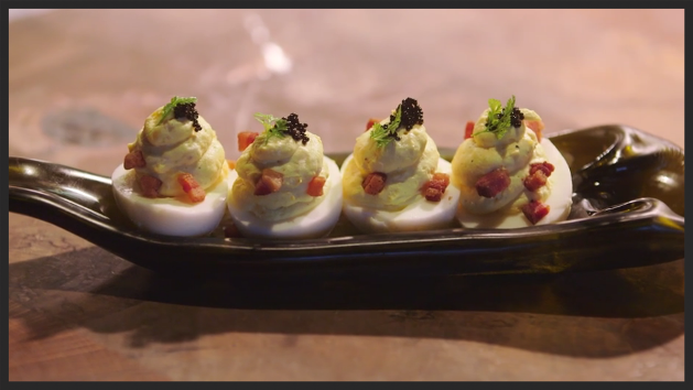 "Devil's" Eggs with crispy pancetta, caviar